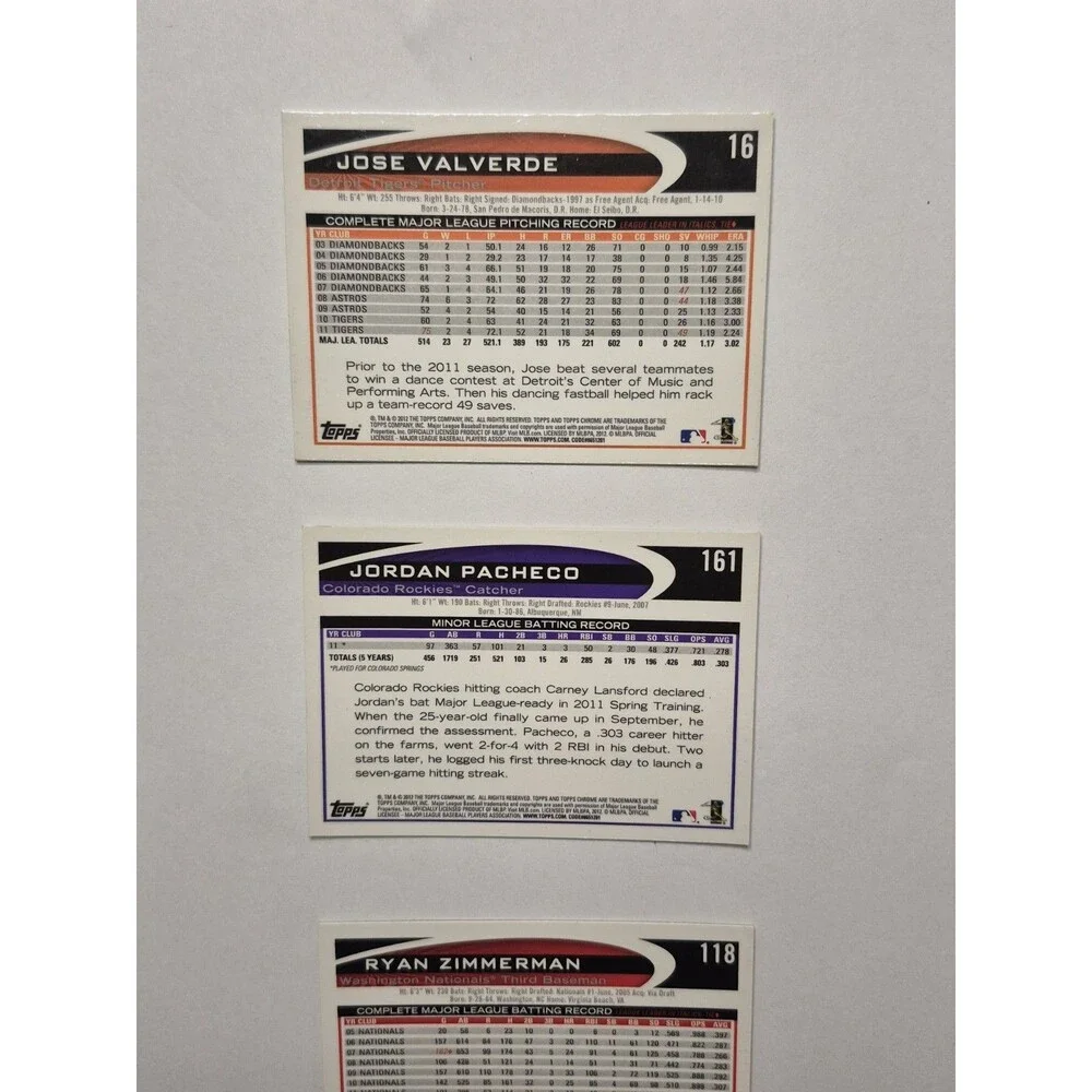 2012 Topps Chrome Baseball Card Lot Ryan Zimmerman Jordan Pacheco Jose Valverde
